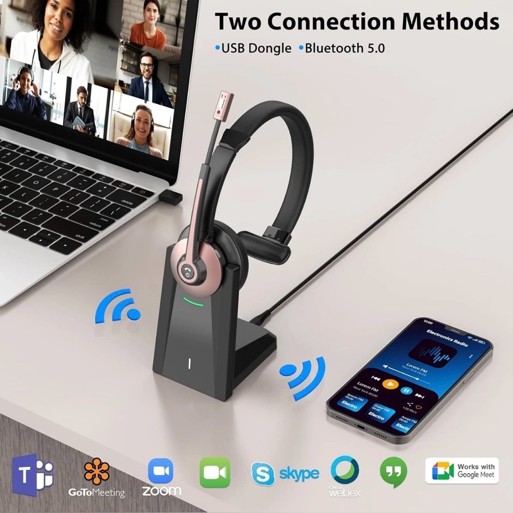🩷 Microphone & Charging Base, Wireless Headset with Mic Mute & USB Dongle - Picture 2 of 15